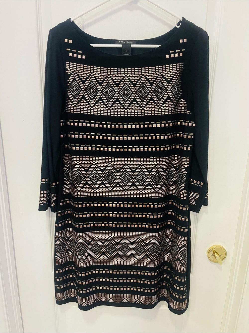White House Black Market Black Dress with Blush Geometric Print